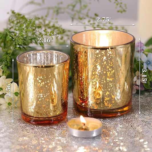 Volens 12pcs Assorted Gold Votive Candle Holders, Large Speckles Mercury Glass Votive & Tealight Candle Holder Bulk for Wedding Table Centerpiece, Gold Themed Party Decorations and Home Decor
