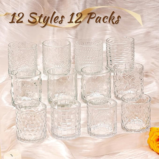 12pcs Assorted Votive Candle Holders - Clear Glass Tea Lights Candle Holder in Bulk, Tealight Candle Holder for Table Centerpiece Wedding Decor Home Decoration