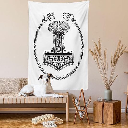 Lunarable Mjolnir Tapestry, Thor's Hammer with Scandinavian Folk Nordic Ornamental Art, Wall Hanging for Bedroom Living Room Dorm Decor, 60" X 80", White Charcoal