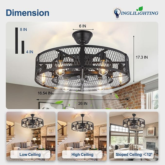 DLLT Caged Ceiling Fan with Lights: 26" Bladeless Fandelier with Light and Remote - Black Industrial Chandelier Fan Light for Bedroon Living Dining Room Kitchen