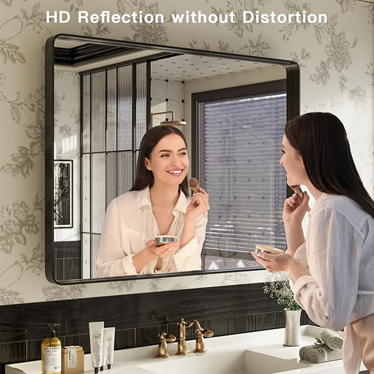 ISKM Black Framed Mirror for Bathroom 48" x 36" Decorative Rectangular Wall Mounted Mirror Shatter-Proof Best for Washroom, Bedroom, Living Room (Horizontal/Vertical)
