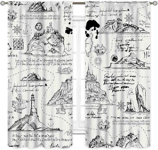Vintage Nautical Curtains, Marine Coastal Sailboat Compass Anchor Ocean Beach Old Pirate Map Retro Window Drapery Treatments for Bedroom Living Room Kitchen Bathroom 2 Panels, 42"x54" Inch