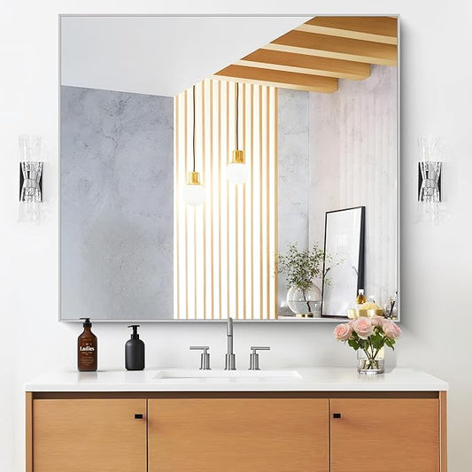 36" x 40"Bathroom Mirror, Silver Rectangle Corner Wall Mirror with Metal Frame, Decorative Rectangular Vanity Mirror for Bedroom Bathroom Living Room Entryway (Horizontal/Vertical)