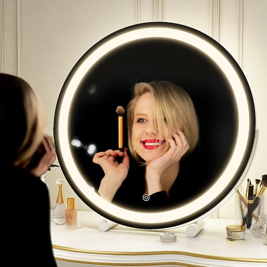 Vanity Makeup Mirror with Lights, 18 Inch LED Makeup Mirror, Lighted Vanity Mirror with Lights, Smart Touch Control 3 Colors Dimmable Round Mirror, Tabletop & Desk Mirror, 360°Rotation (White)