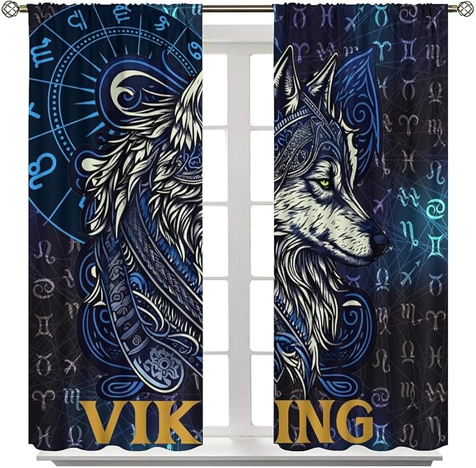 Viking Wolf Curtains Blue Rune Nordic Gothic Animal Curtains Dark Ancient Totem Mythological Pattern Printed Curtains Boys Bedroom Living Room Decoration Blackout Curtains W42 * L54 Inch