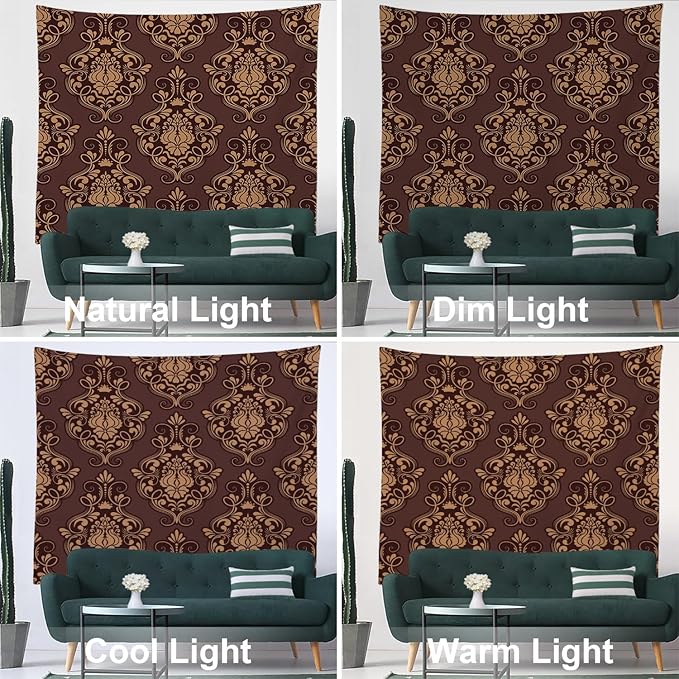 Batmerry Brown Damask Floral Tapestry, Vintage Golden Brown Damask Pattern Wall Art Hanging Decoration Polyester Fiber White Ruffled Around For Dorm Room Bedroom Living Room, 90.6 X 78.7 Inches