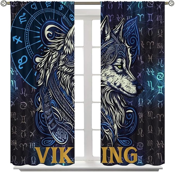 Viking Wolf Curtains Blue Rune Nordic Gothic Animal Curtains Dark Ancient Totem Mythological Pattern Printed Curtains Boys Bedroom Living Room Decoration Blackout Curtains W52 * L84 Inch