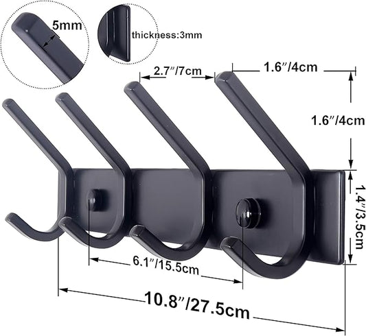 WEBI Coat Rack Wall Mounted,4 Coat Hooks for Hanging Coats,Hook Rack Rail Coat Hanger Wall Coat Rack with Hooks for Clothes,Black,2 Packs
