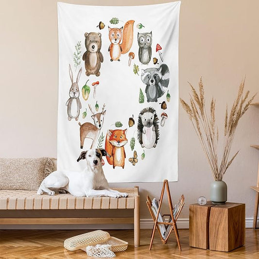 Lunarable Woodland Tapestry, Animals of The Forest Mushrooms Acorns Circular Frame Cartoon Pastel Colors, Wall Hanging for Bedroom Living Room Dorm Decor, 40" X 60", Multicolor