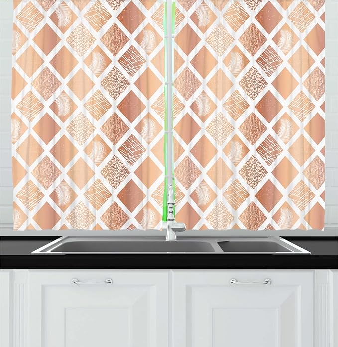 Lunarable Rhombus Print Long Kitchen Curtains, Monochrome Formation of Ornamental Diamond Shapes Geometric Feels, 2 Panel Set Drapes with Rod Pocket Room Decor, 55" x 45", Peach Pale Rust White