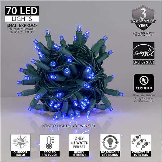5mm LED Wide Angle Blue Prelamped Light Set, Green Wire - 70 5mm Blue LED Christmas Lights, 4" Spacing