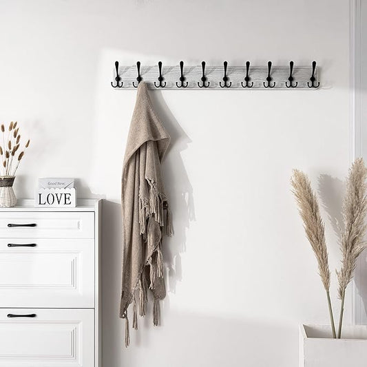 SKOLOO Coat Rack Wall Mounted - 38.3'' Long, Wooden, Heavy Duty, Rustic Coat Hooks for Wall, Wall Coat Rack with 10 Triple Hooks for Hanging Clothes, Jacket, Hat(Weathered White)