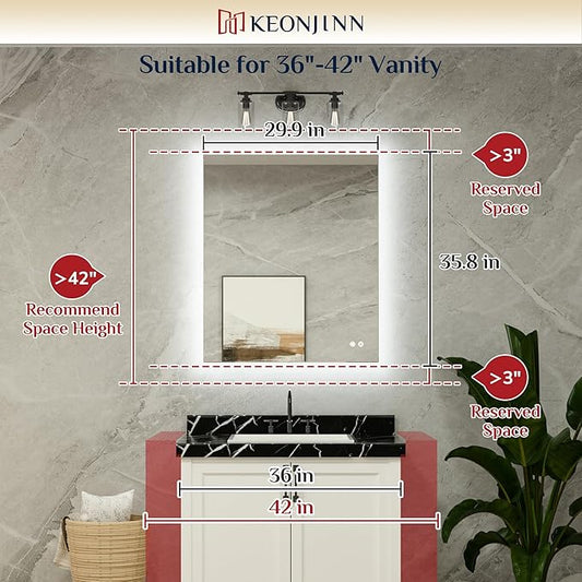 Keonjinn Backlit Mirror Bathroom 30” x 36”, Anti-Fog Mirror with Lights, CRI90+ HD Tempered Glass, Waterproof, UL Listed, Stepless Dimmable Vanity Mirror with High Lumen