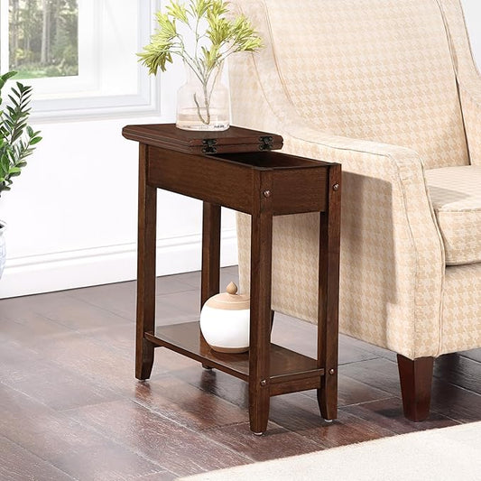 Convenience Concepts American Heritage Flip Top End Table 23.25" - Classic Narrow Chairside Accent with Hidden Storage & Lower Shelf for Traditional, Modern Living Room, Espresso