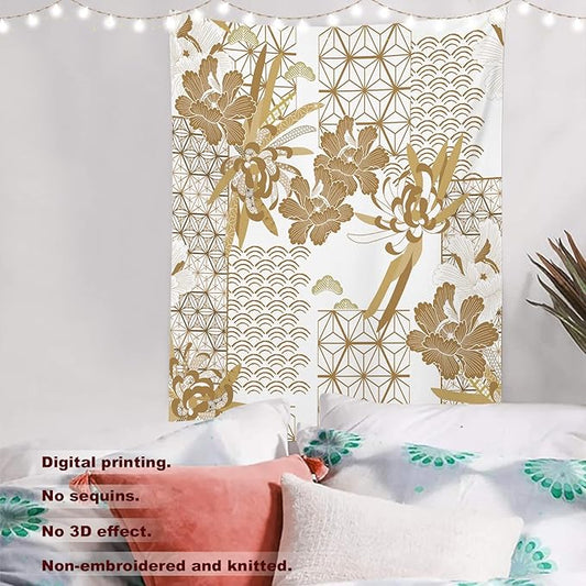 Batmerry Gold Japanese Floral Tapestry,Spring Wall Art Hanging Decoration Polyester Fiber White Ruffled Around for Dorm Room Bedroom Living Room, 59.1x39.4 inches