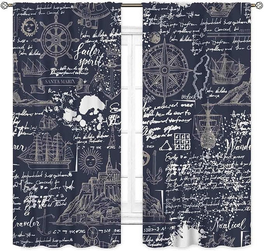 Vintage Nautical Curtains, Marine Coastal Sailboat Compass Anchor Ocean Beach Old Pirate Map Navy Blue Blackout Retro Drapes for Bedroom Living Room Kitchen Bathroom Window 2 Panels, 63"x63" Inch