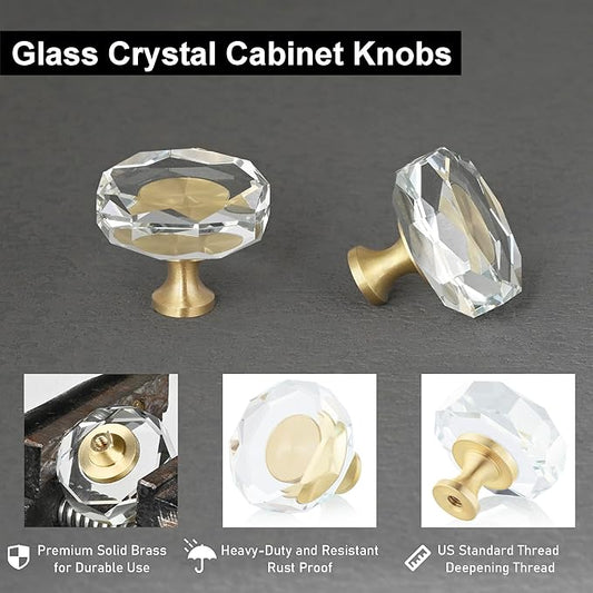 QOGRISUN 10-Pack Brass Crystal Cabinet Knobs,Glass Crystal Gold Drawer Knobs,1-1/4-Inch Polygon,Decorative Dresser Pulls, Modern Cabinet Hardware