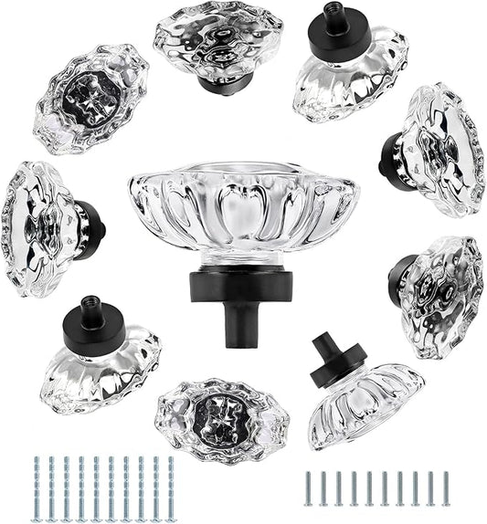 10pcs Glass Cabinet Knobs - Oval Crystal Drawer Pulls, Vintage Clear Knobs for Cabinets, Drawers, Dresser, Cupboard, Wardrobe - Modern