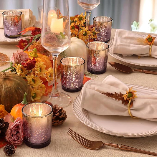 Volens Purple Votive Candle Holders Set of 12, Speckles Mercury Glass Tealight Candle Holder Bulk for Table Wedding Centerpiece, Purple and Gold Party Decorations & Home Decor