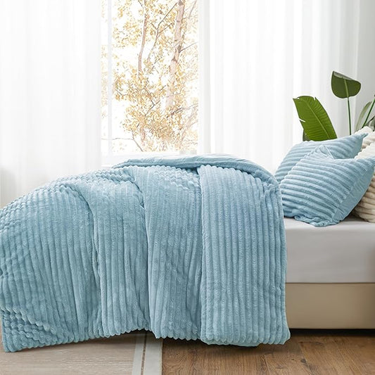 BEDELITE Fleece Queen Comforter Set -Super Soft & Warm Fluffy Light Blue Bedding, Luxury Fuzzy Heavy Bed Set for Winter with 2 Pillow Cases