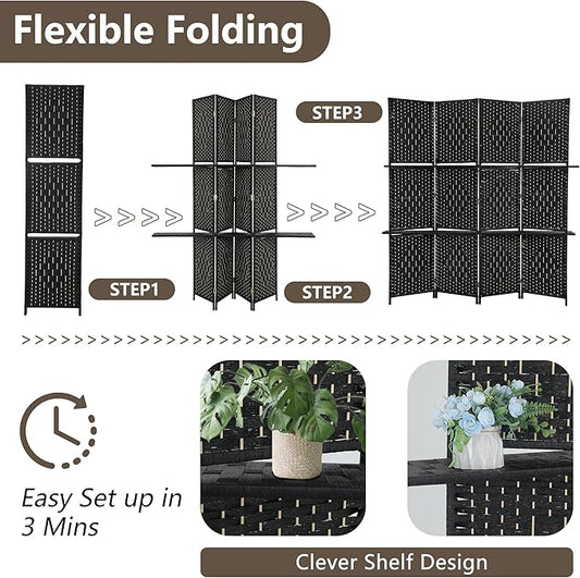 Room divider 4 panel Room Screen Divider Wooden Screen Folding Portable Partition Screen Wood with Removable Storage Shelves Color,Black