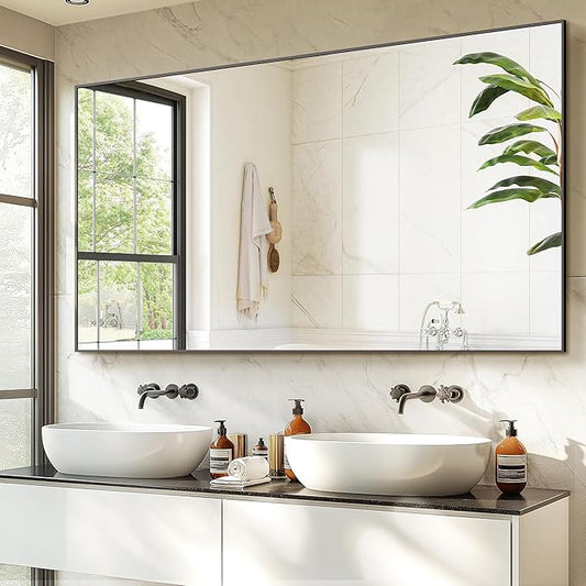 Bathroom Vanity Mirror for Wall, 60" x 36" Metal Framed Rectangular Bathroom Wall Mirror for Over Sink, HD Shatterproof Glass, Hangs Horizontally or Vertically(Black)