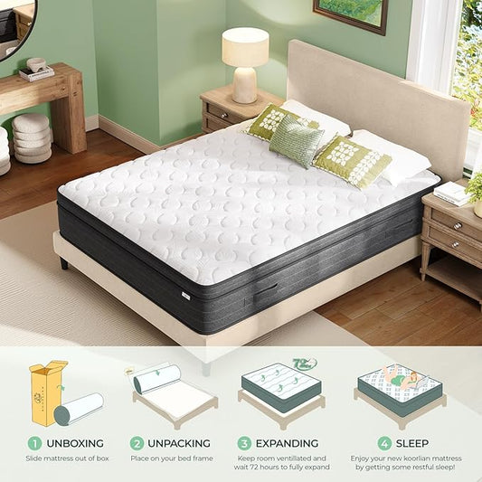 koorlian Queen Mattress 10 Inch - Cooling Hybrid Mattress in a Box for Back Pain Relief - Pocket Spring & Memory Foam | Fiberglass-Free, Medium Firm Feel, CertiPUR-US, 120 Nights Trial