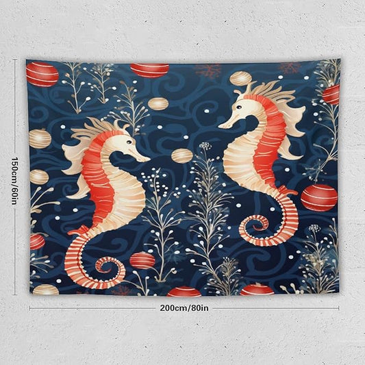 MaSiledy Seahorse Christmas Kiss Beach Tapestry As Wall Art Coastal Nautical Vintage Aesthetic Tapestry Wall Hanging Landscape Tapestry Wall Decor for Bedroom Living Room Dorm 60"x80"