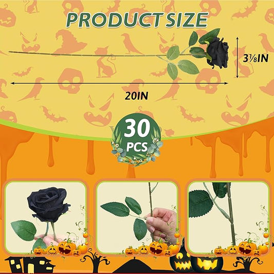 30 PCS Fake Black Roses, Artificial Flowers Bulk Halloween Decorations Realistic Silk Faux Roses with Stems for Gothic Wedding Party Decor, Bridal Bouquets DIY Floral Arrangement Home Decor