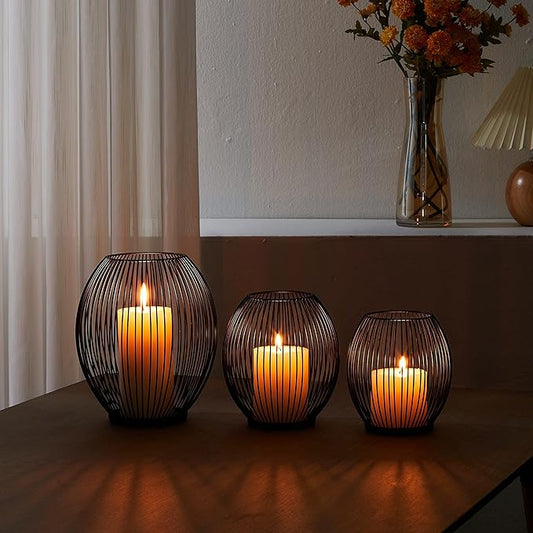 OLEEK Outdoor Candle Holder Decor Set - Black Candle Holder - Candles Holders for Table Centerpiece - Hurricane Candles Holder for Pillar Candles Cage Candle Holders Black Wire Decorative