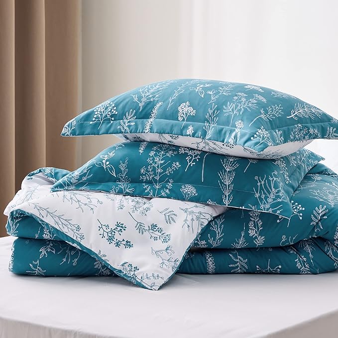 Bedsure Full Comforter Set - Teal Blue Bed Set, 3 Pieces Cute Floral Bedding, 1 Soft Reversible Botanical Flowers Comforter and 2 Pillow Shams