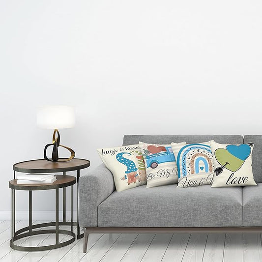 Ambesonne Romantic Throw Pillow Cushion Case Pack of 4, Love Hearts Arrow You and Me Be My Valentine Hugs Kisses Lettering, Modern Accent Double-Sided Digital Printing, 20", Ivory Blue and Olive Green