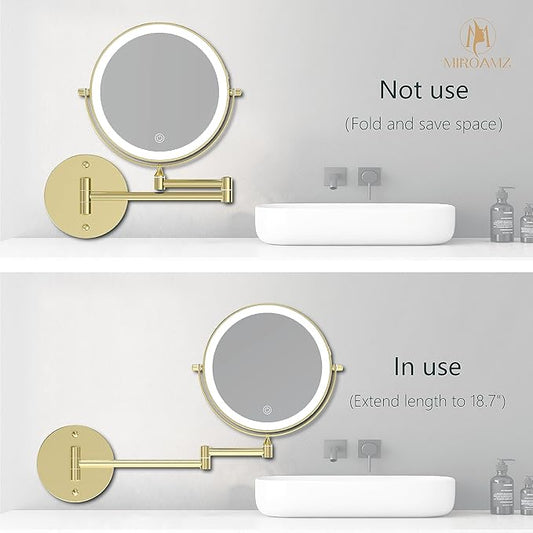 Rechargeable Wall Mounted Lighted Makeup Vanity Mirror 8 Inch Double Sided 1X 10X Magnifying Bathroom Mirror, 3 Color Lighting, Touch Screen Dimming, 360 Rotation Shaving Mirror Gold