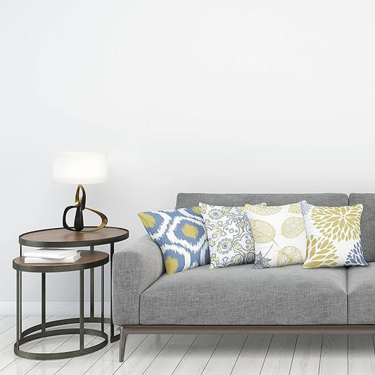 Ambesonne Vintage Throw Pillow Cushion Case Pack of 4, Double-Sided Bohemian Leaves Dahlia Pattern Geometric Art Curlicue, Motif for Modern Home Accent Digital Printing, 20", Mustard Dark Ceil Blue