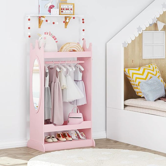 UTEX Kids Dress up Storage with Mirror,Costume Wardrobe for Kids, Open Hanging Armoire Closet,Pretend Storage Closet, Costume Storage Dresser (Pink)