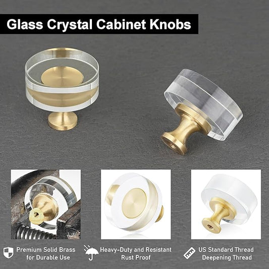 QOGRISUN 10-Pack Brass Crystal Cabinet Knobs,Glass Crystal Gold Drawer Knobs,1-1/4-Inch Round, Decorative Dresser Pulls, Modern Cabinet Hardware