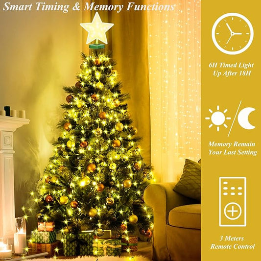 aneeway Christmas Tree Lights with Star Toppers, 410 LED Christmas Lights with 8 Modes & Memory Function, 6.6FT x 16 String Lights with Remote Control & Timing for Xmas Ornaments - Warm White