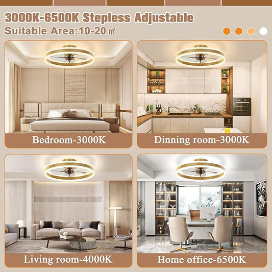 VOLISUN Low Profile Ceiling Fans with Lights and Remote, 19.7in Flush Mount Ceiling Fans with Light, 3000K-6500K Dimmable Fandelier LED Fan Light, Gold Bladeless Ceiling Fans with Lights for Bedroom