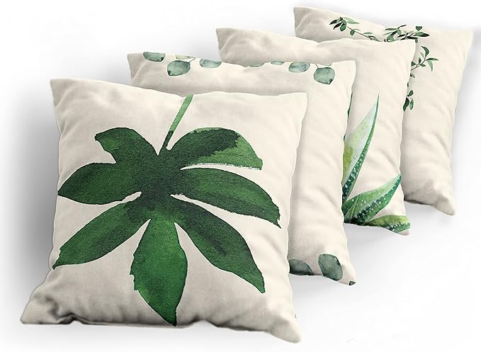 Ambesonne Botanical Throw Pillow Cushion Case Pack of 4, Minimalist Watercolor Painting Leaves Agave Branches Plant in a Pot, Modern Accent Double-Sided Digital Printing, 16", Green White Pale Rust