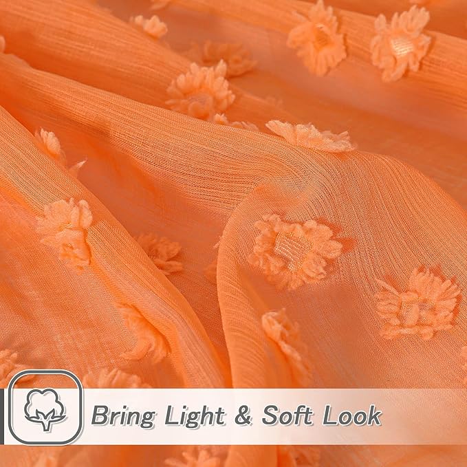 MYSKY HOME Orange Sheer Short Curtains with Pom Pom for Small Windows Bedroom Nursery Kids Girls Room Curtains Cafe Kitchen Light Filtering Boho Drapes, Rod Pocket,52 x 54 Inches, 2 Panels