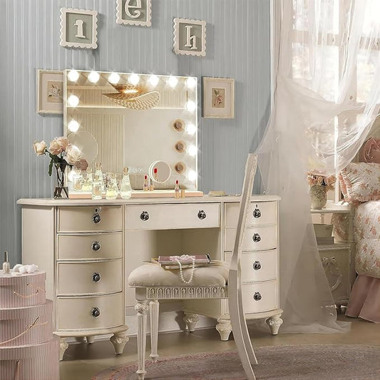 Hollywood Vanity Mirror with Lights, 15 Dimmable Bulbs, 3 Color Lights,Make Up Lighted Mirror, Aluminum Metal Frame, USB Charging Port(23" x 18")