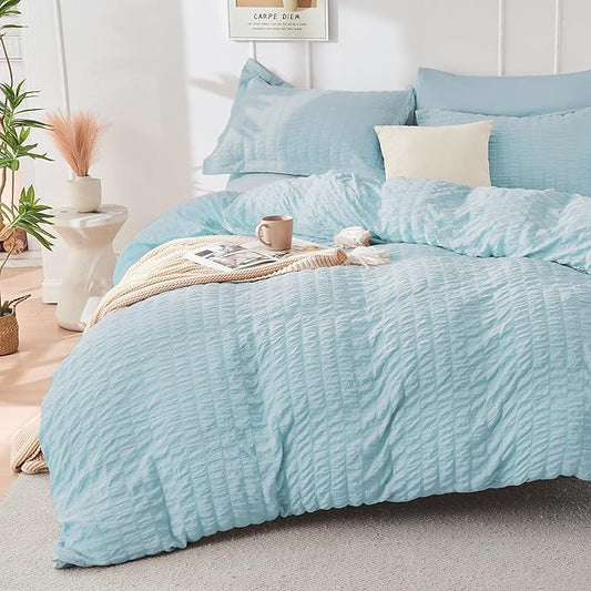 HYMOKEGE Lake Blue Full Size Comforter Sets Seersucker 7 Pieces, All Season Luxury Bed in a Bag for Bedroom, Bedding Set with Comforters, Sheets, Pillowcases & Shams