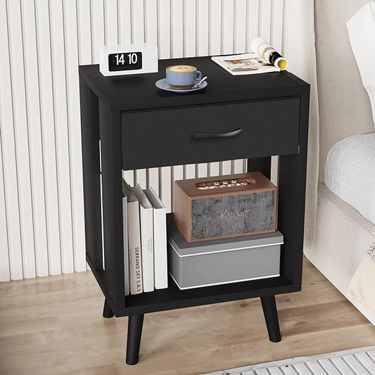GYIIYUO Nightstands Set of 2 with Fabric Storage Drawer and Open Wood Shelf, Side Table with Storage for Bedroom, Night Stand with Drawer for Bedroom, Bedside Tables - Black 24" H