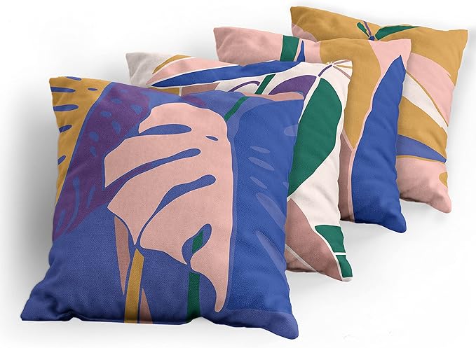 Ambesonne Exotic Throw Pillow Cushion Case Pack of 4, Tropical Themed Leaves Branches Monstera Plant Summer Vibes Pastel, Modern Accent Double-Sided Digital Printing, 18", Peach Blue Violet Mustard