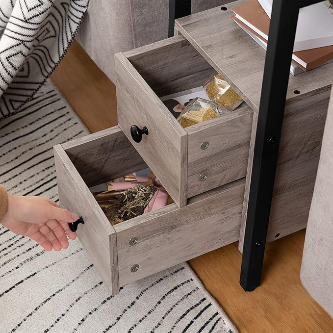 HOOBRO End Table, Narrow Chairside Table with Drawer and Open Storage Shelf, Nightstand for Small Spaces, Stable and Sturdy Construction, Wooden Look Accent Furniture, Greige and Black BG548BZ01G2