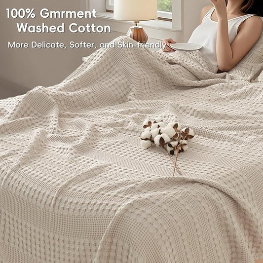 PHF 100% Cotton Waffle Blanket Oversized King 120"x120", Lightweight Breathable Extra Large 10'x10' Blankets for Bed, Giant Big Luxury Aesthetic Woven Bedding for Home Decor, Oatmeal