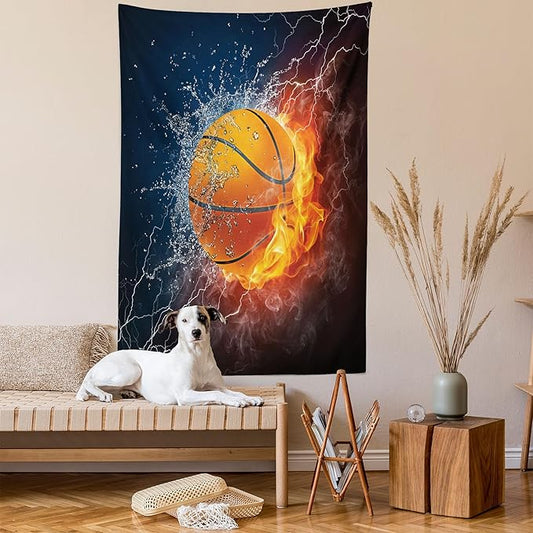 Ambesonne Sports Tapestry, Basketball Ball and Water Splashing Thunder Lightning Themed Design, Wall Hanging for Bedroom Living Room Dorm Decor, 40" X 60", Dark Blue and Burgundy