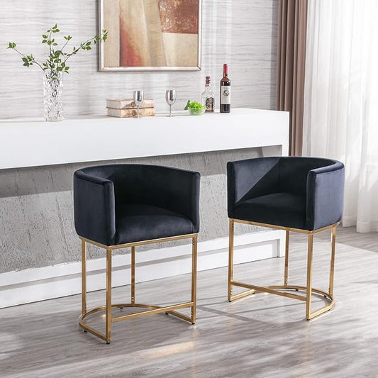 Modern Counter Height Velvet Upholstered Bar Stool, 24" Kitchen Counter Island Stool Bar Chairs with Gold Metal Frame for Kitchen Island, Black