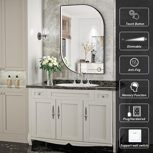 24X32 Inch LED Mirror for Bathroom with Lights,Black Frame Lighted Irregular Wall Mirror,Asymmetrical Vanity Mirror,Anti-Fog,Dimmable