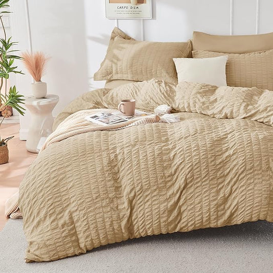 HYMOKEGE Khaki Twin Comforter Set Seersucker 5 Pieces, All Season Luxury Bed in a Bag for Bedroom, Bedding Set with Comforter, Sheets, Pillowcase & Sham